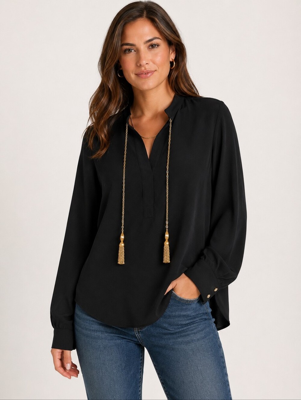 Trina Turk Black Gold Tassel Tie Neck Blouse Size Medium Made in California